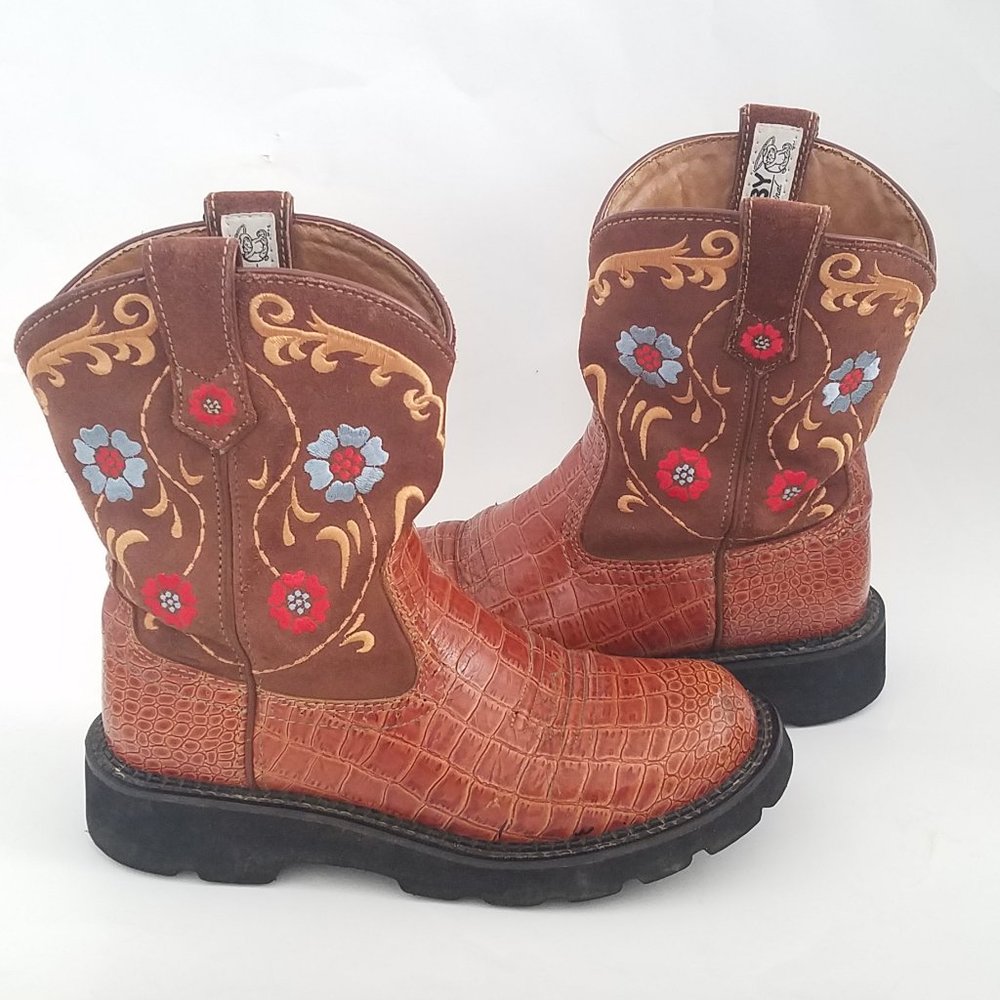 Ariat Fatbaby Croc Embossed Leather Suede Floral Cowboy Western Boots